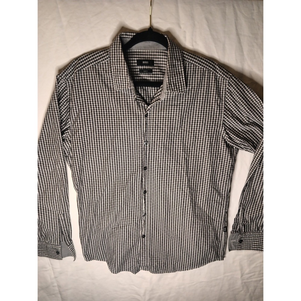 Hugo Boss Shirt Men‎ XL Gray Plaid Slim-Fit Collared Button-Up Long Sleeve